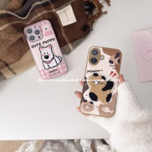 Cartoon Leather Embroidered Cat & Dog Phone Case