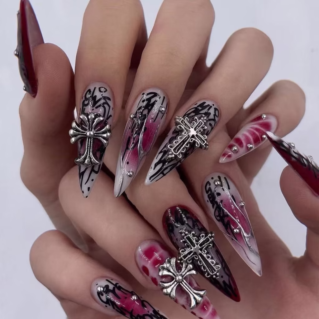 Dark Cross Silver-Foil Ombre Press-On Nails