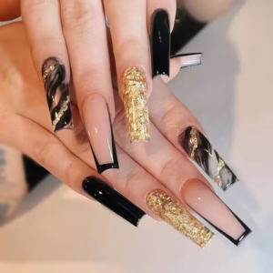 Shiny Black and Gold Elegant Press-On Nails