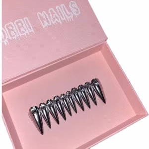 Minimalist Long Pointed Silver Bead Press-On Nails