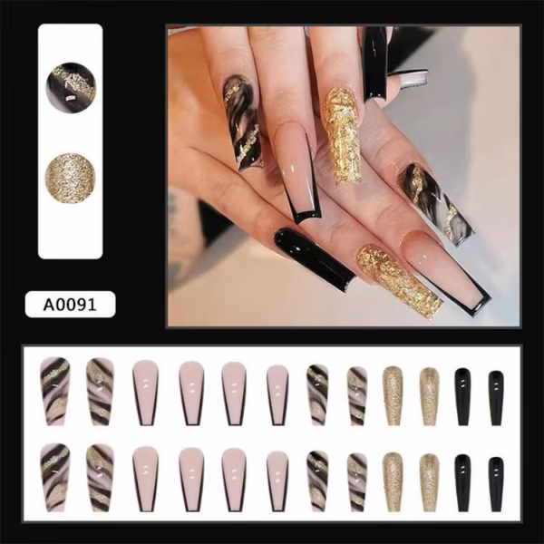 Shiny Black and Gold Elegant Press-On Nails - Image 2