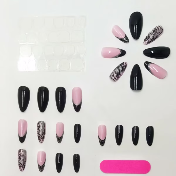 Black Silver-Powder Zebra Stripe Almond Press-On Nails - Image 2