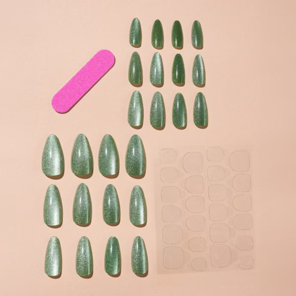 Minimalist Green Cat-Eye Press-On Nails - Image 3