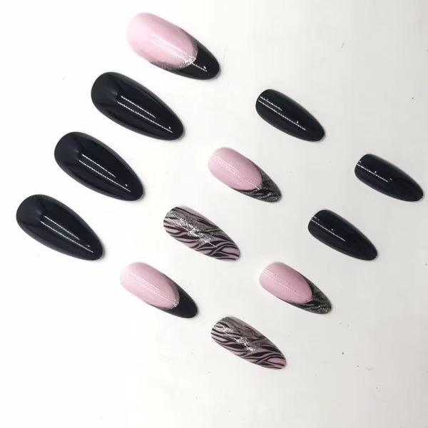 Black Silver-Powder Zebra Stripe Almond Press-On Nails - Image 4