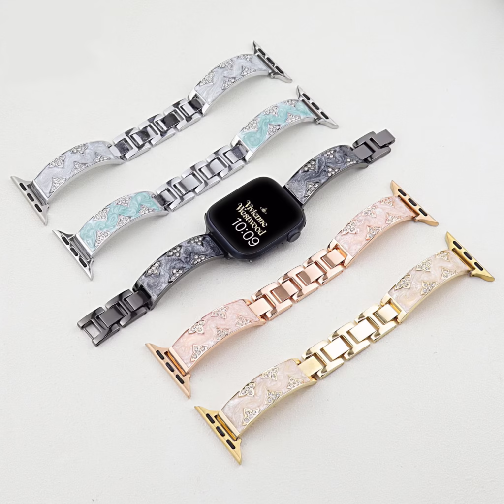 Trifoliate Diamond-Inlaid Curved Plate Resin Metal Strap